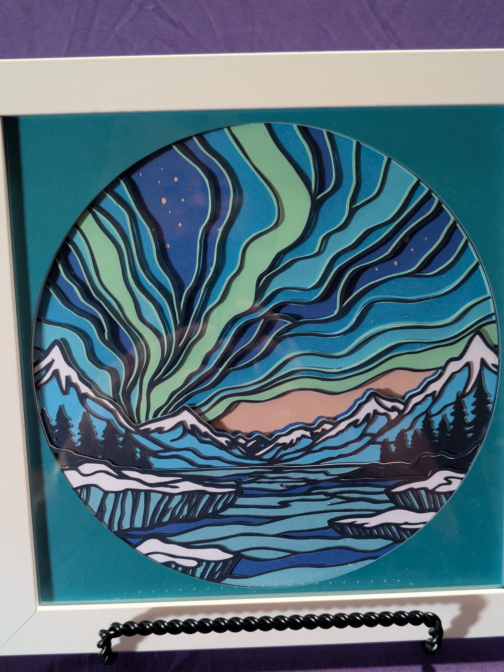 Hand Crafted Teal Blue Green Mountain Aurora Mixed Media Wall Art - Picture 1 of 1